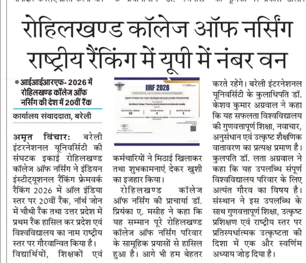 BIU’s Rohilkhand College of Nursing Ranked No.1 in UP & Top 20 in India – IIRF 2026